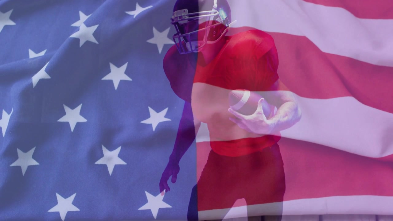 Mandlig spiller rækker ud efter fremkommende fodbold, sikrer bolden og løber under overlejret flag.