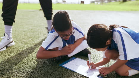 strategy, clipboard and children on field