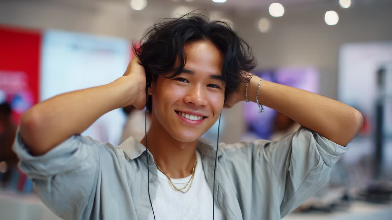 A young man with a cheerful demeanor poses confidently while adjusting his headphones, emanating a vibrant and playful energy in a contemporary setting filled with technology and creativity