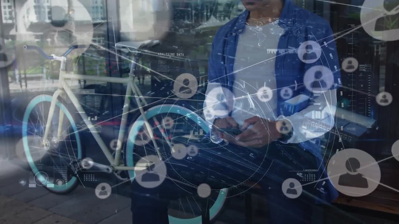 Animation of network of connections with icons over man using smartphone