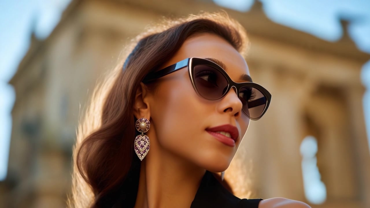 Donna elegante con occhiali da sole e orecchini raffinati in posa aggraziata in luce soffusa, su uno sfondo monumentale, che cattura un momento di moda e bellezza.