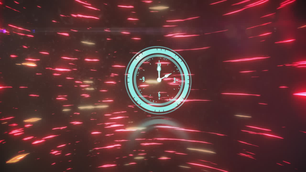 Animation of neon ticking clock against glowing light trails spinning against red background
