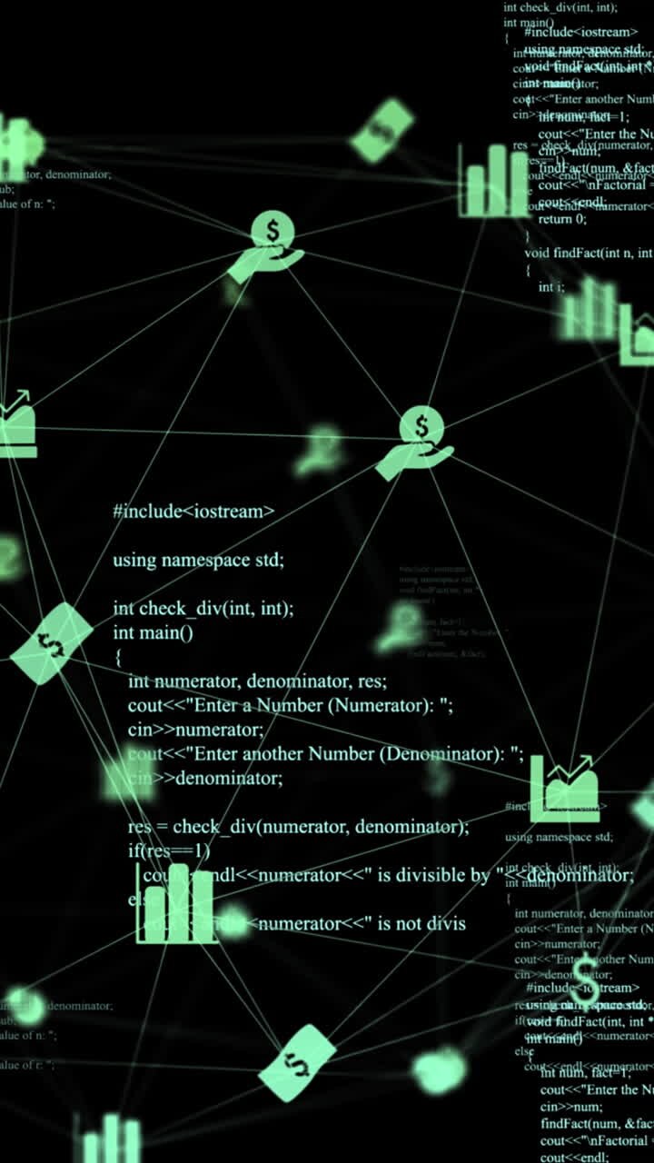 Анимация обработки данных и бизнес-иконок на черном фоне