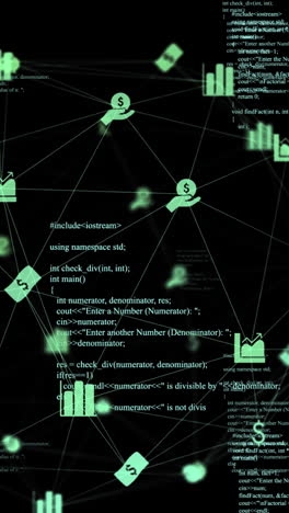 animation of data processing and business icons on black background