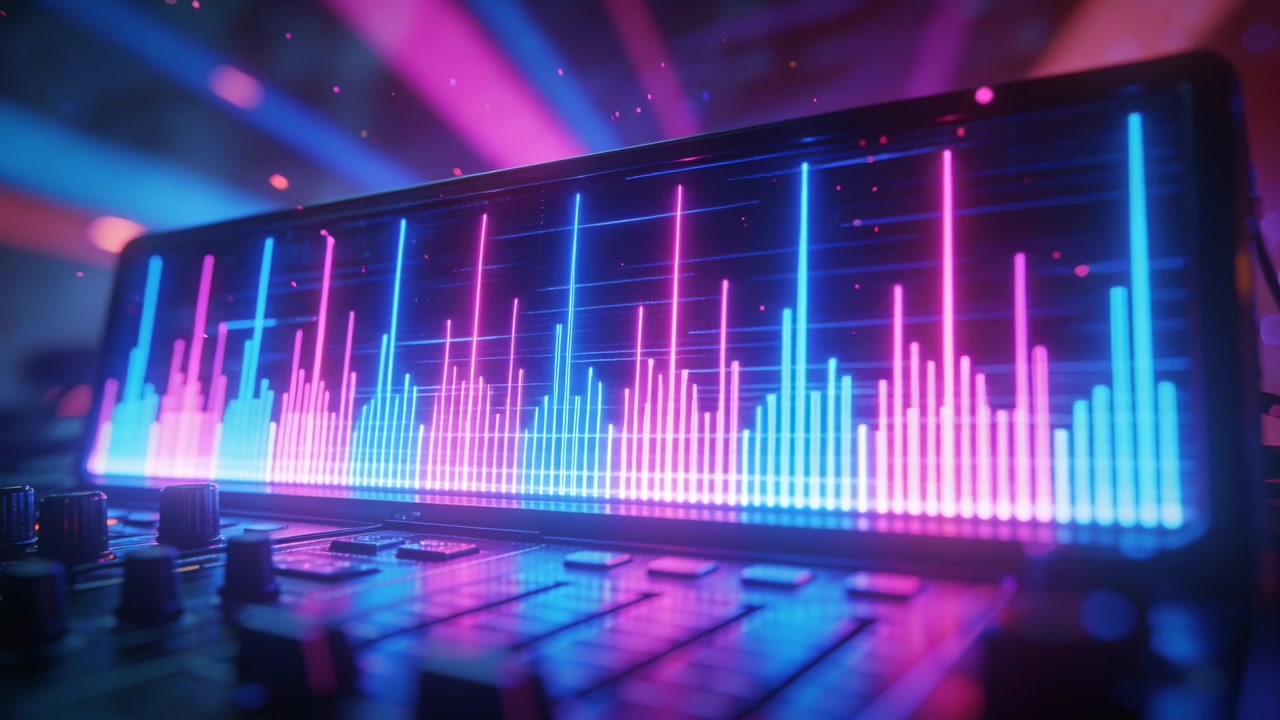 Reagerer på lydsignal, LED-spektrumdisplay med pulserende neonbjælker ved et studiebord, med mixer-fadere.