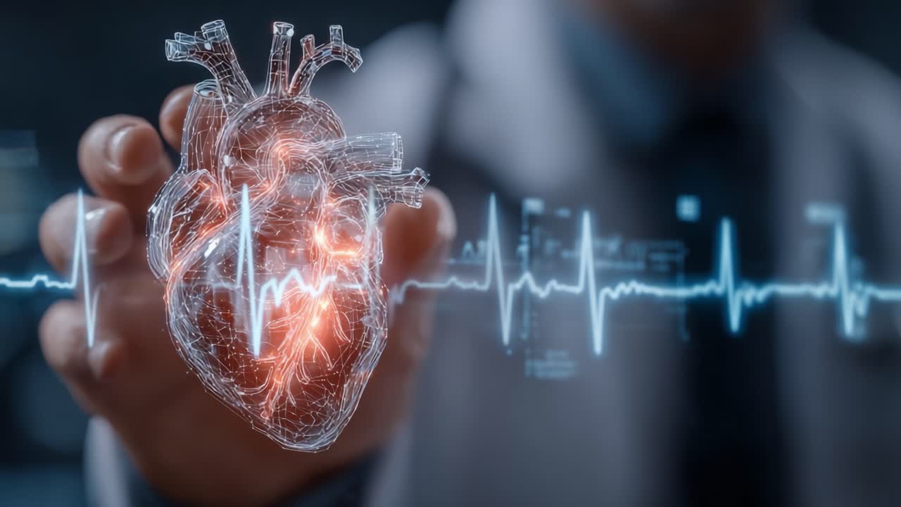 An intricate visualization of a 3D human heart held in a hand, pulsating with lights and dynamic ECG waves in the background, symbolizing life, health, and medical innovation