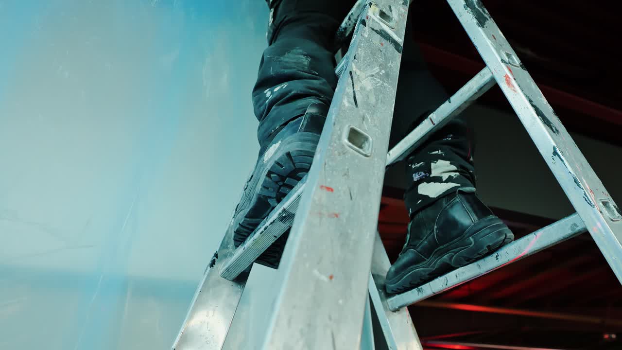 Slow motion closeup of worker boots on metal ladder shows construction safety