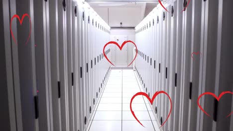 animation of falling hearts over server room