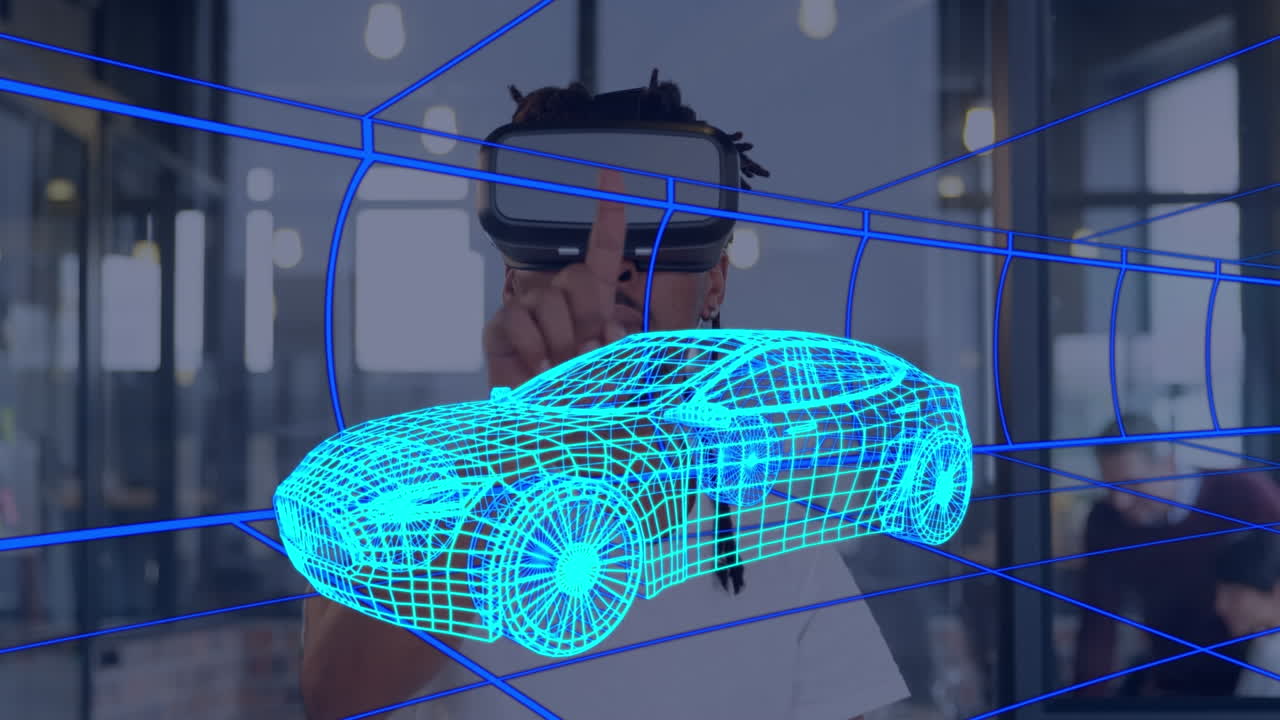 animación de dibujo 3d digital de un coche sobre un hombre usando auriculares vr