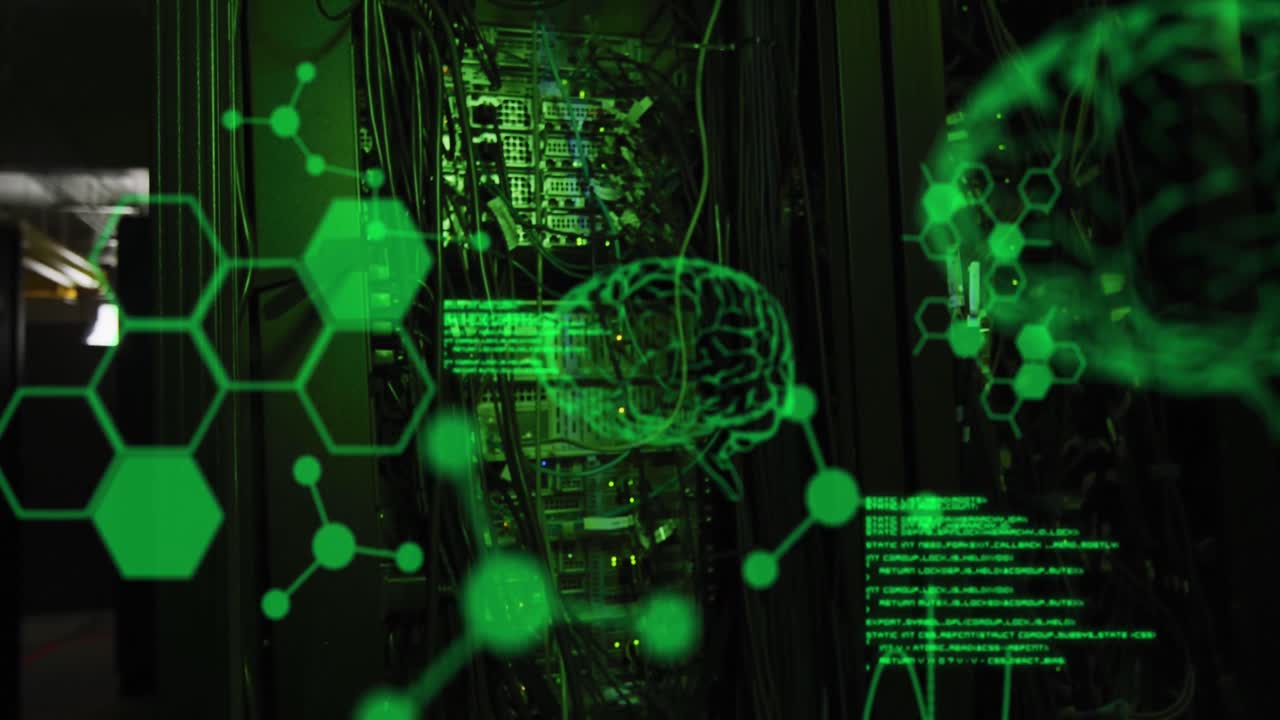 animación del procesamiento de datos y el cerebro digital sobre la sala del servidor