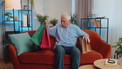 feliz anciano adicto a las compras consumidor regresó a casa después de la venta de compras en línea con bolsas en casa