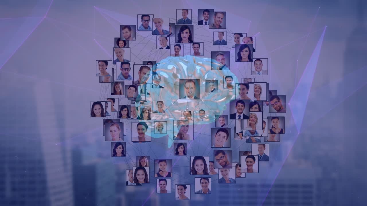 Animazione di rete di connessioni su paesaggio urbano di dati