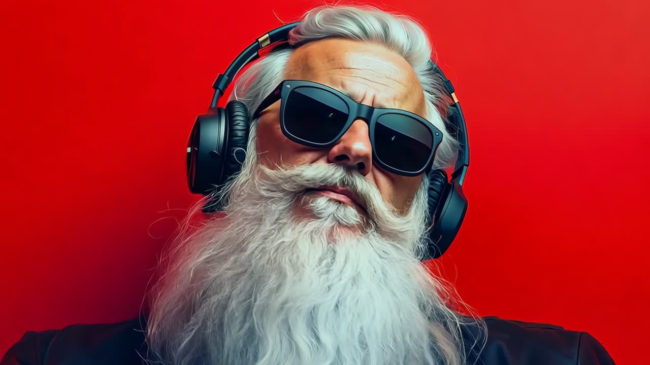 un hombre con una larga barba blanca con gafas de sol y auriculares
