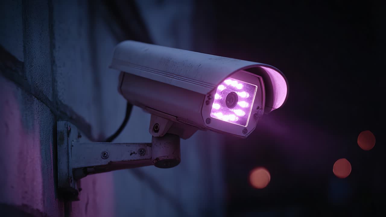 Surveillance Camera with Innovative LED Technology Captures Nighttime Activity Amidst Vibrant Illumination and Shadowy Backgrounds, Enhancing Security and Monitoring Capabilities