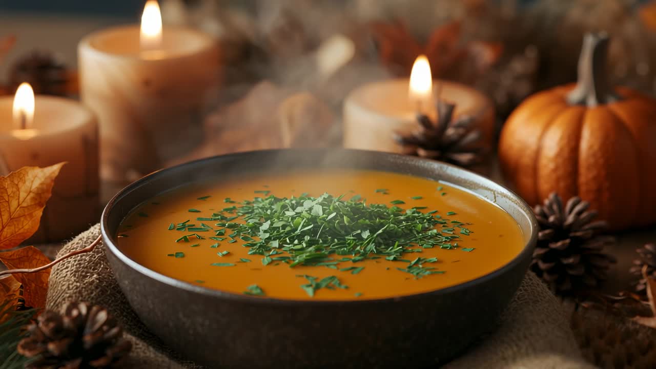 Hand sprinkling chopped green herbs topping creamy orange soup on table candles pinecones pumpkin