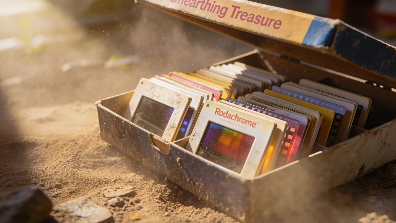 Revealing rusty tin box labeled Unearthing Treasure showing Rodachrome slides in shed, lid ajar