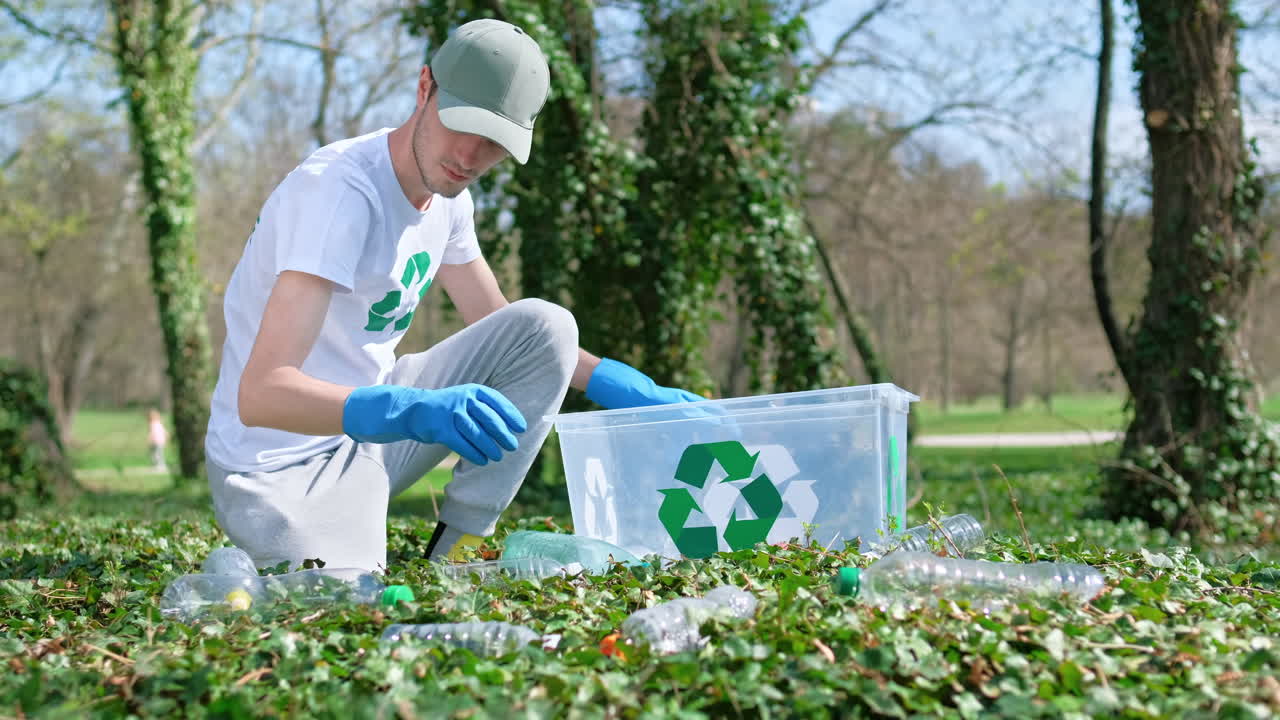 Man collecting plastic garbage in container in a polluted park. Rubber gloves, recycling signs on T-shirt and container