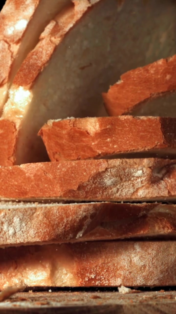 Freshly Baked Bread Slices Falling and Stacking in Slow Motion