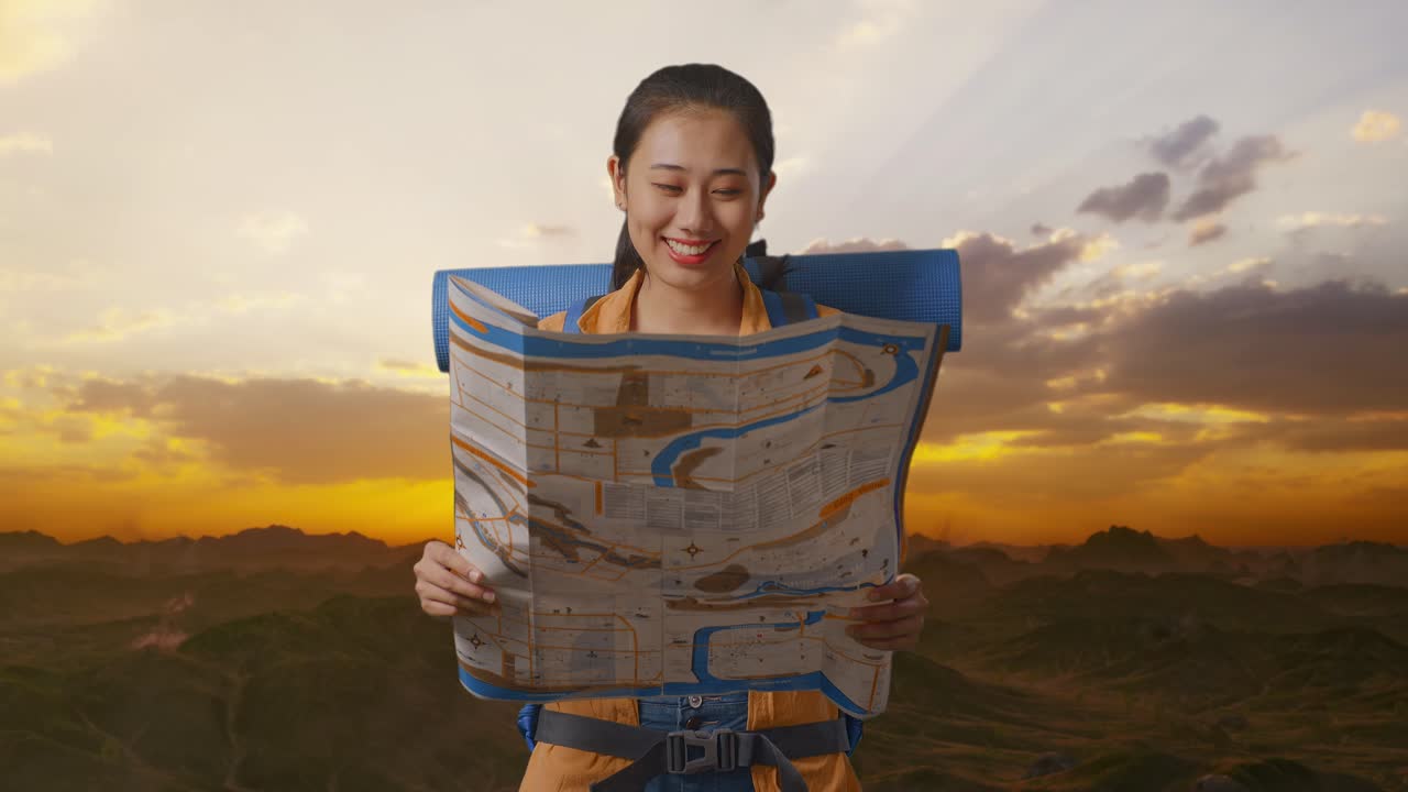 excursionista asiática con mochila de montañismo mirando el mapa y luego sonriendo a la cámara mientras está de pie en la cima de la montaña durante la hora del atardecer