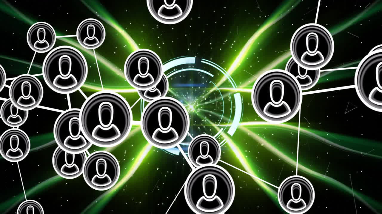 Animation showing network of user icons on green and black digital background