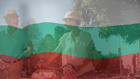 riding bicycles in sunny park, two people with bulgarian flag animation overlay