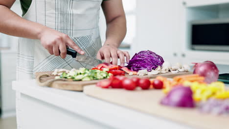 closeup, knife and man with vegetables