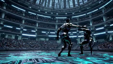 robots fighting in futuristic arena