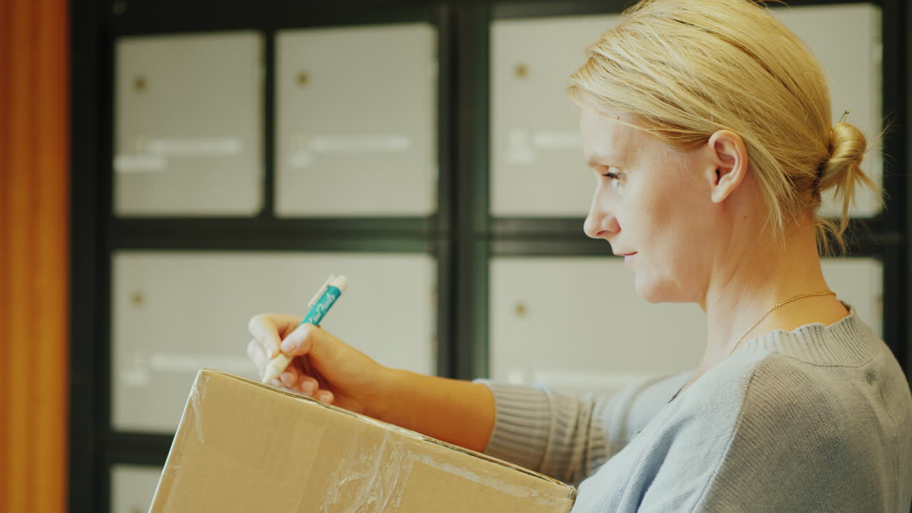 una mujer escribe una dirección en la caja del paquete en la oficina de correos