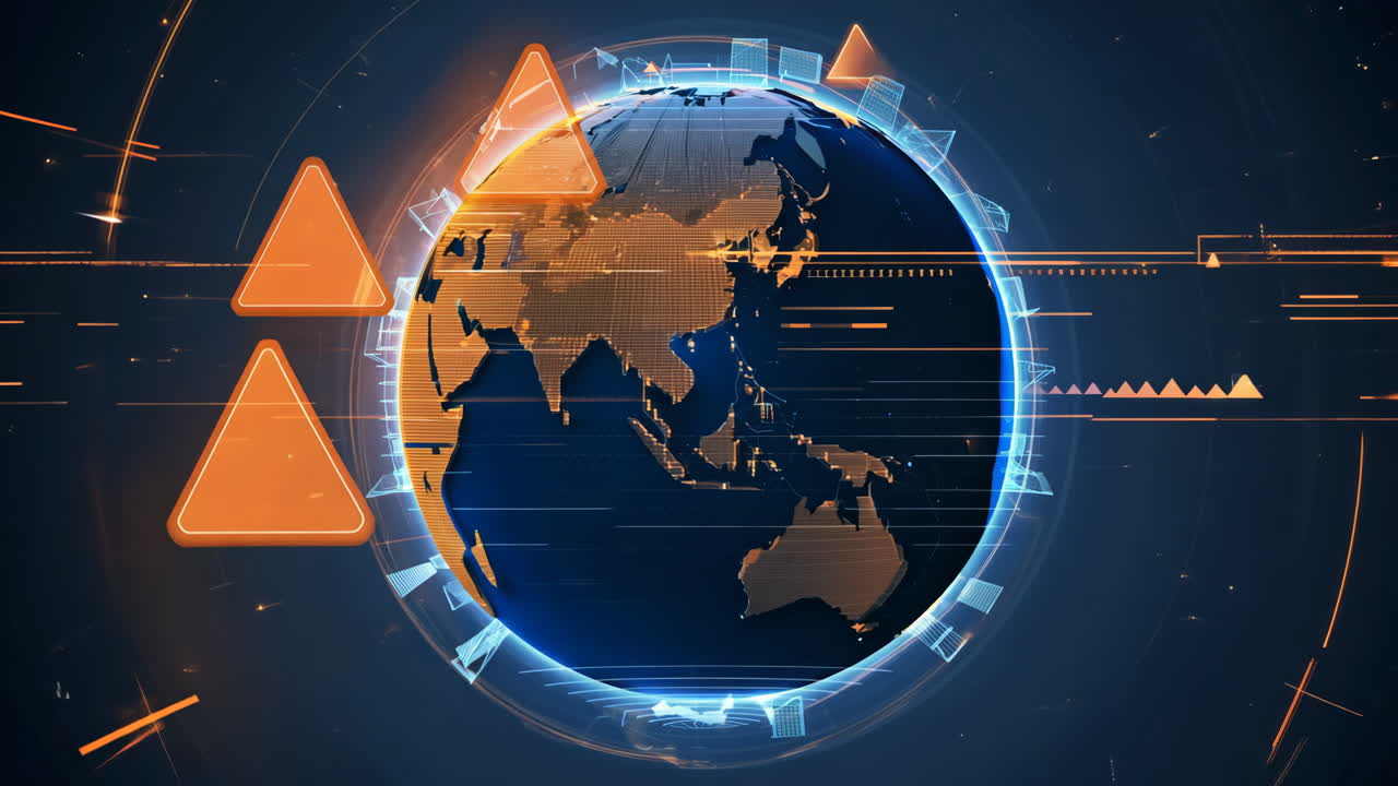 Global Network Visualization With Geometric Shapes in Digital Format. The globe is surrounded by geometric shapes, illustrating a digital network with data flow and connectivity.