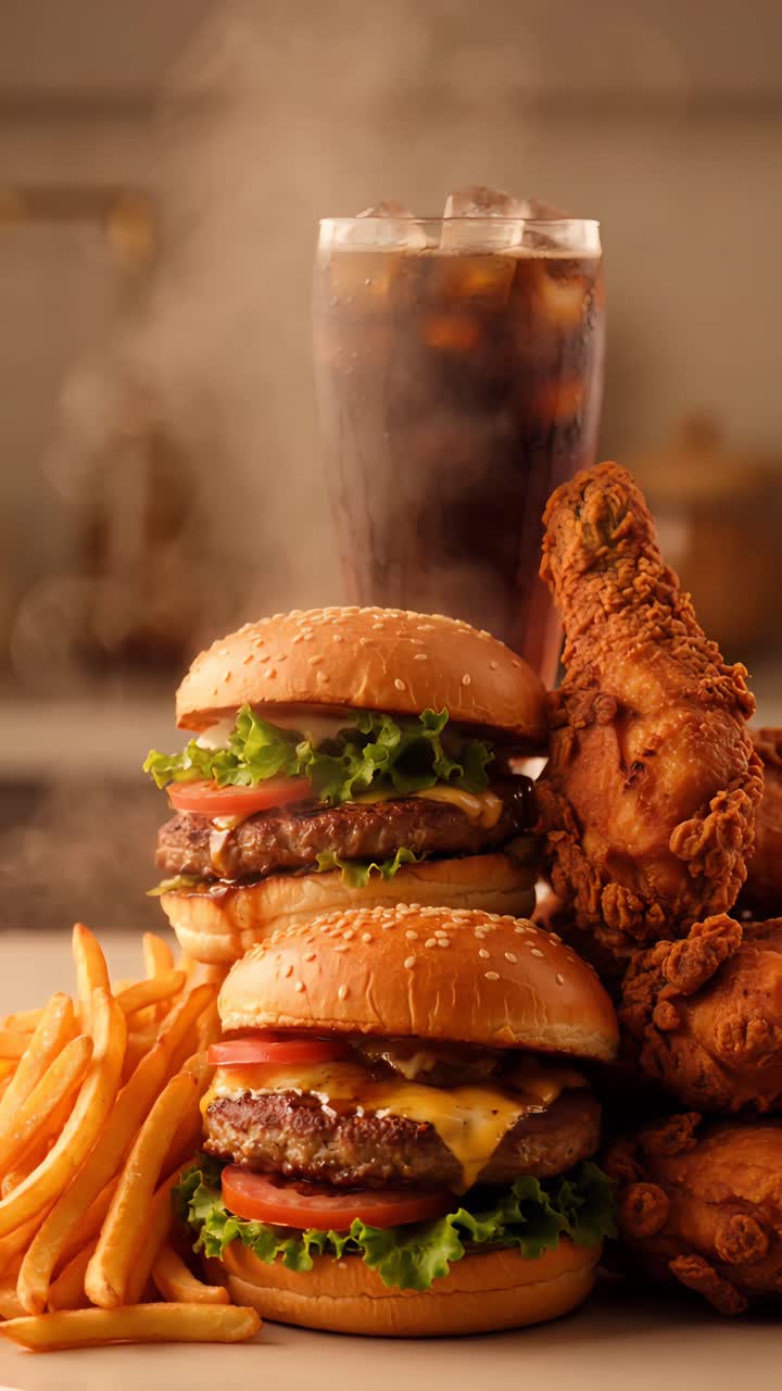 Burger 4K Fast Food with Crispy Fried Chicken and French Fries Cinematic Background