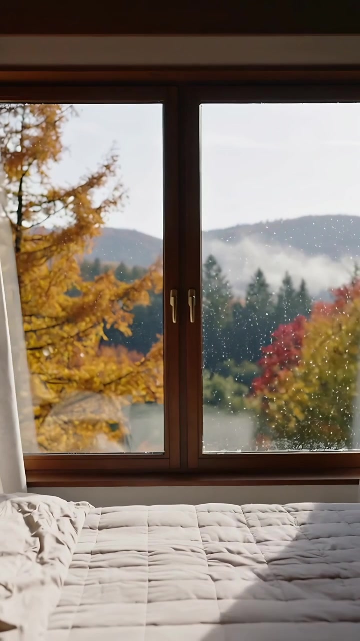 Vertical video: Parting light curtains showing wooden window framing bed, wet valley with red trees