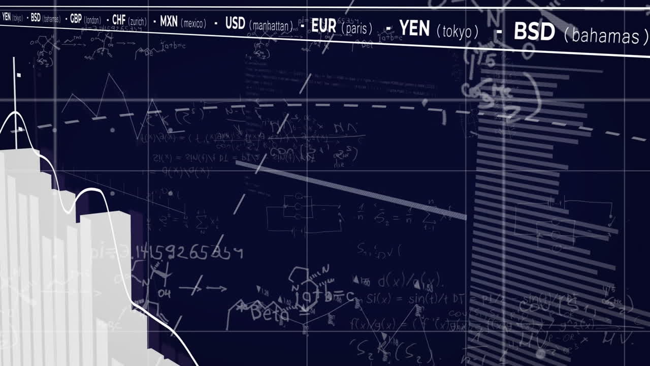 Finansielle data og valutakurser animation over teknisk tegning og grafer