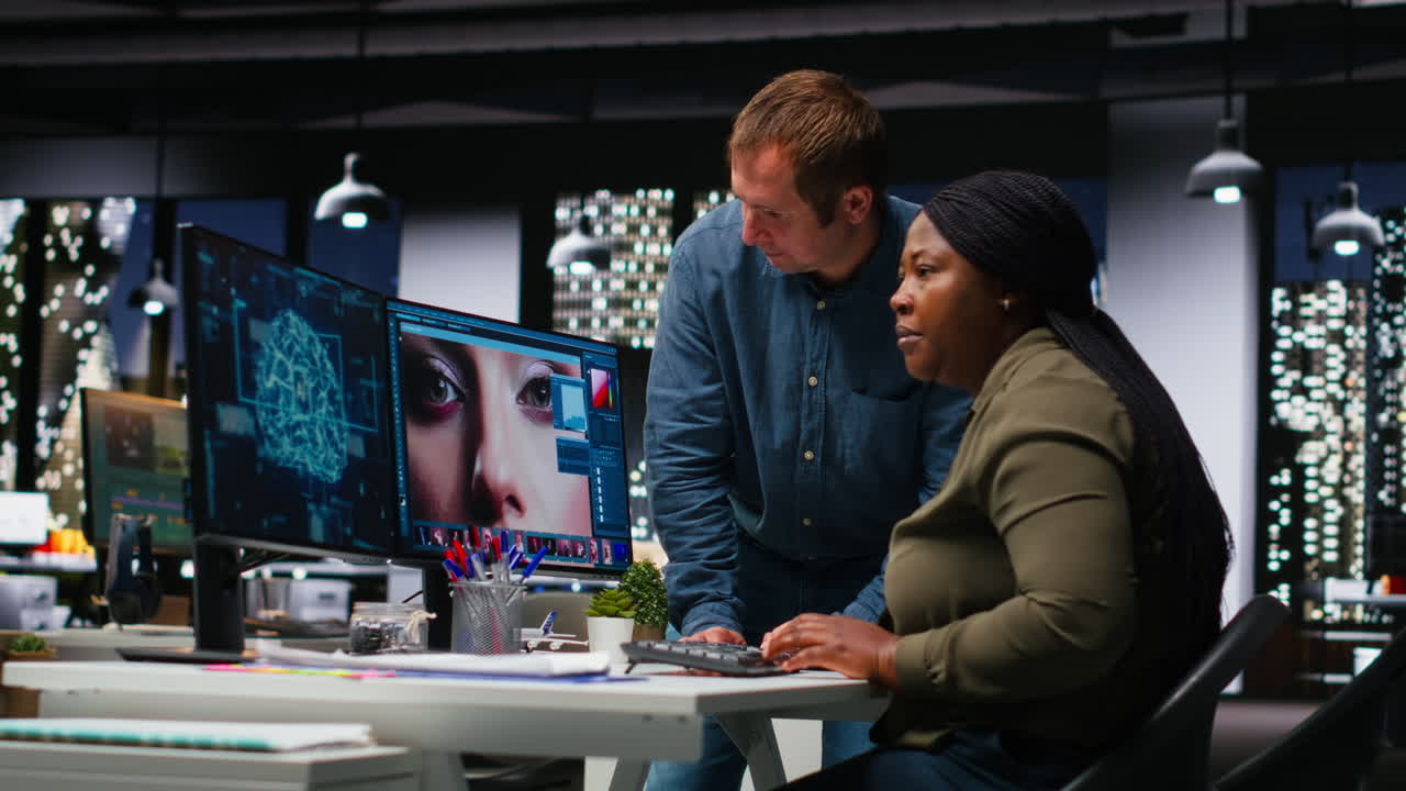 Multiethnic editors team using AI machine learning for editing content