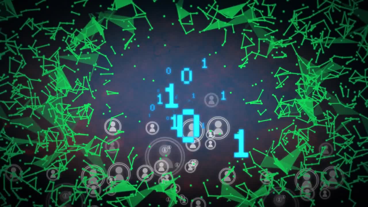 animación de la codificación binaria, los iconos y la red de conexiones