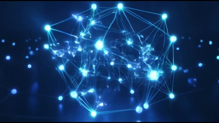 Glowing Blue Network Nodes Connecting to Form a Geometric Structure