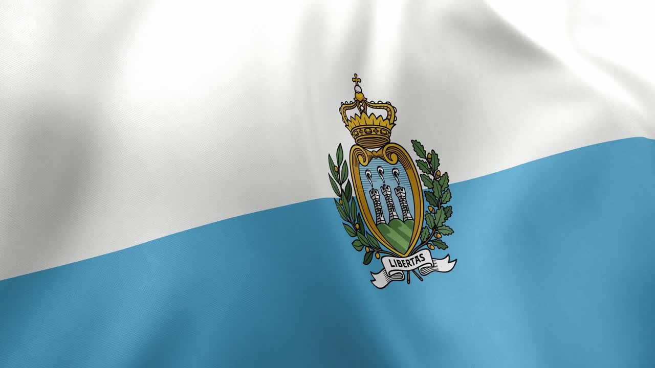Waving flag of San Marino animation, white and blue with coat of arms, national symbol