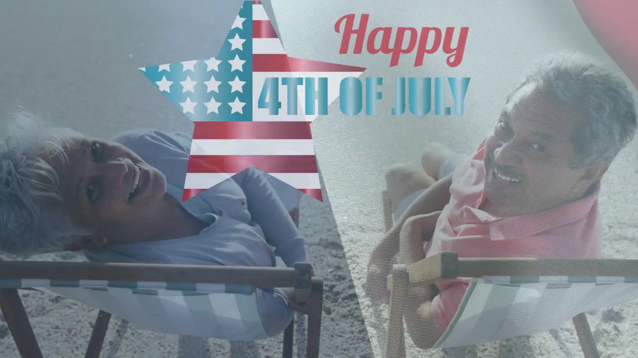 Senior couple reclining smiling while star and Happy 4TH JULY text fading over them, celebrating
