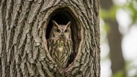 a majestic owl peering from a tree hollow, capturing nature's beauty in two frames - the graceful presence of a solitary bird in its natural habitat