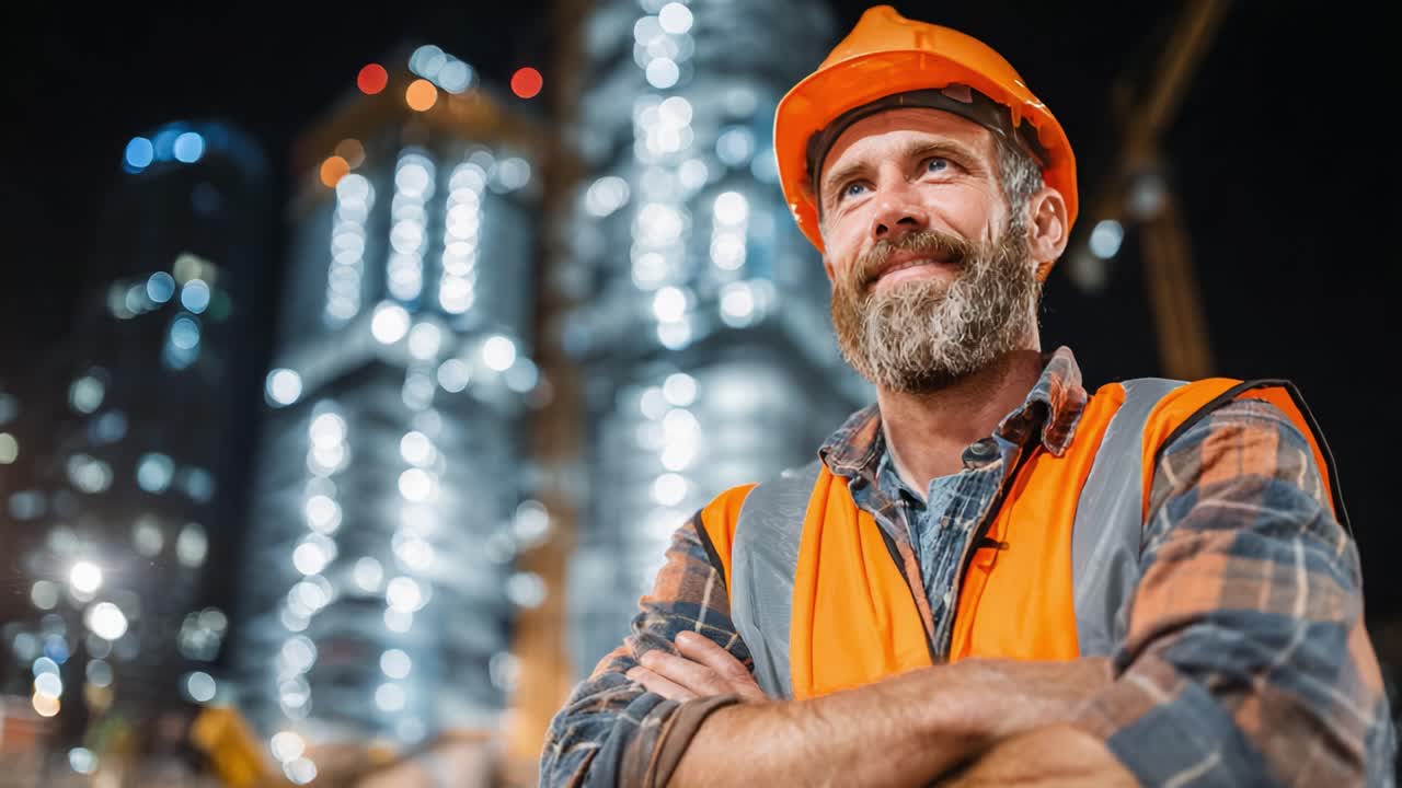 Hardworking Construction Worker in Safety Gear Posing with Confidence at a Urban Development Site During Nighttime with Brightly Lit Skyscrapers in the Background