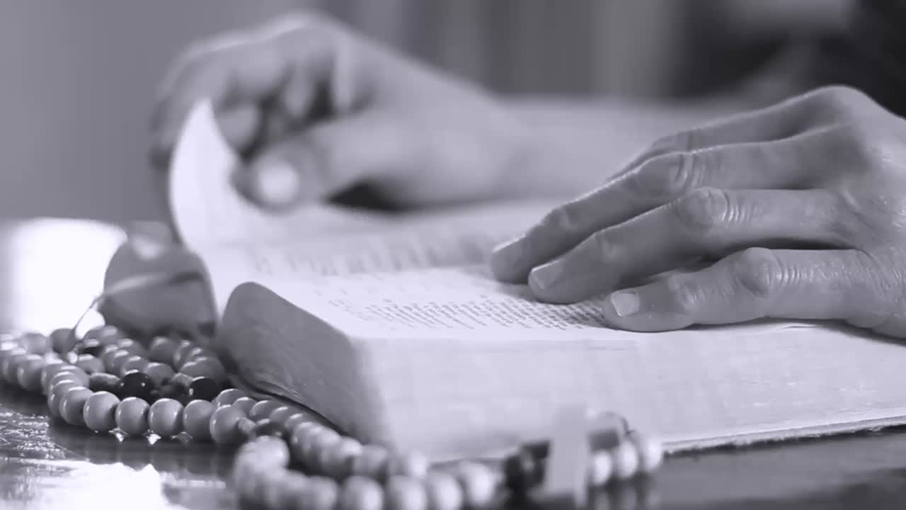 성경 위에 기도하는 손 스톡 비디오 스톡 영상