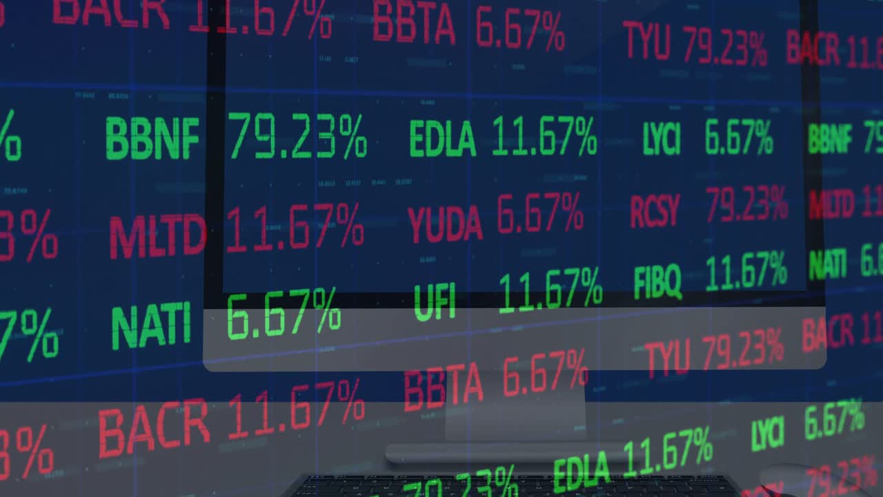 Animation of stock market data processing against close up of a desktop computer