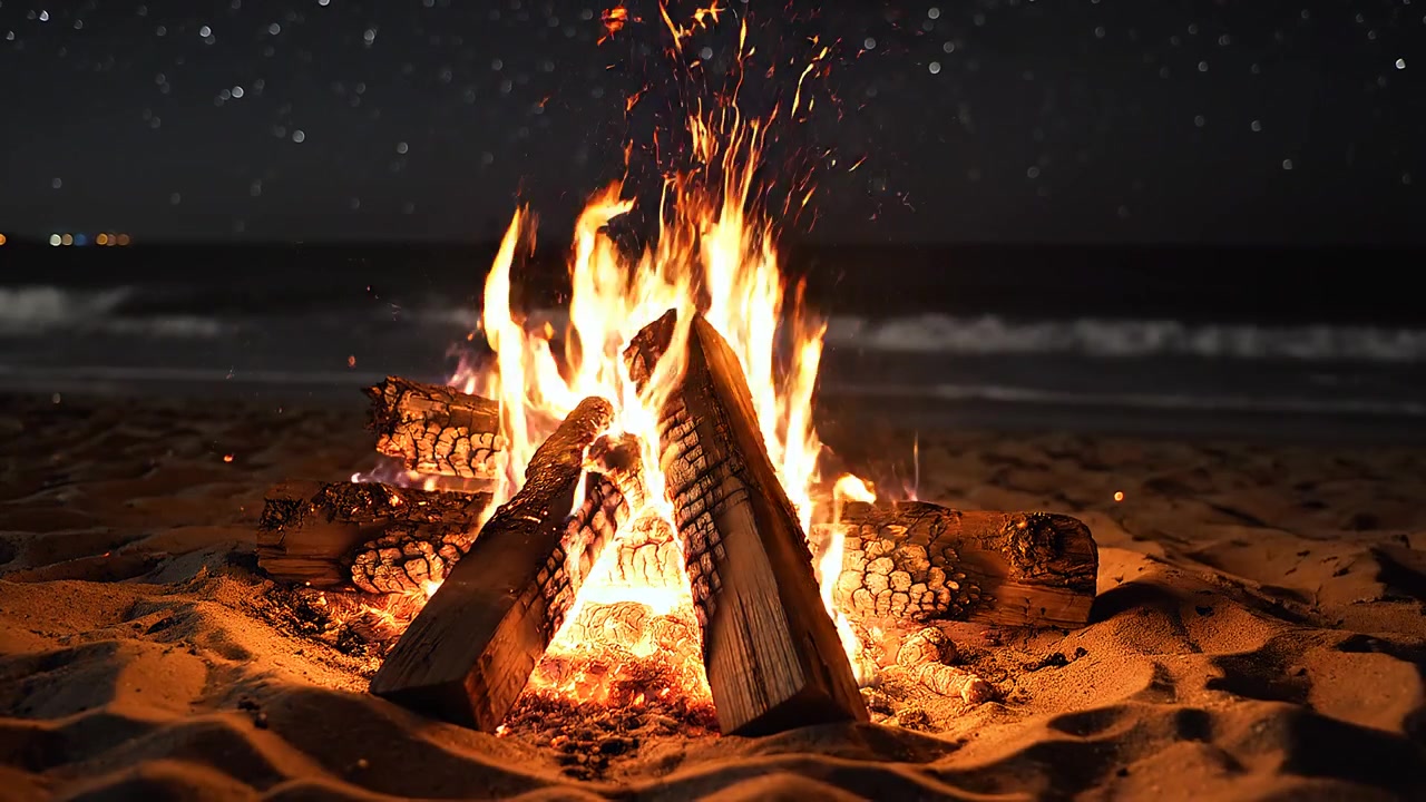 熊熊燃燒的海灘營火在夜空下的沙灘上