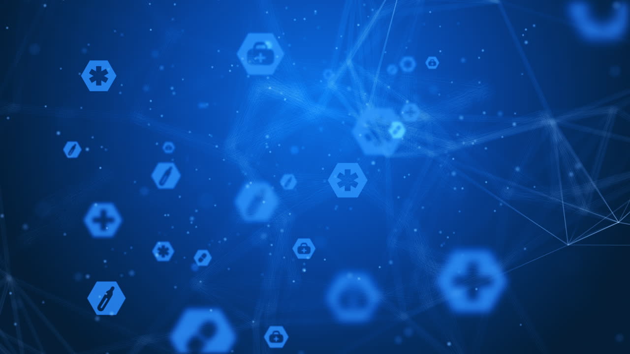 Abstract geometric blue background with medical icons. A plexus of lines and small particles. Health care screensaver. First aid kit, thermometer icons in hexagons. Looped motion graphics.