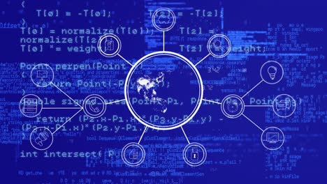 animation of data processing against globe with network of connections with icons on blue background