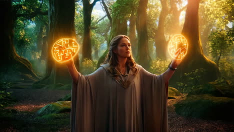 a woman in a mystical forest holding glowing magical orbs