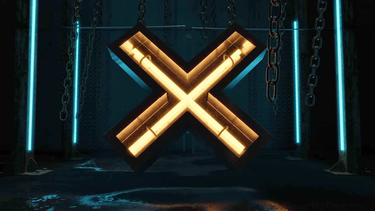 animación de bucle de movimiento amarillo iluminar x forma enmarcada al lado de pilares de hormigón y valla