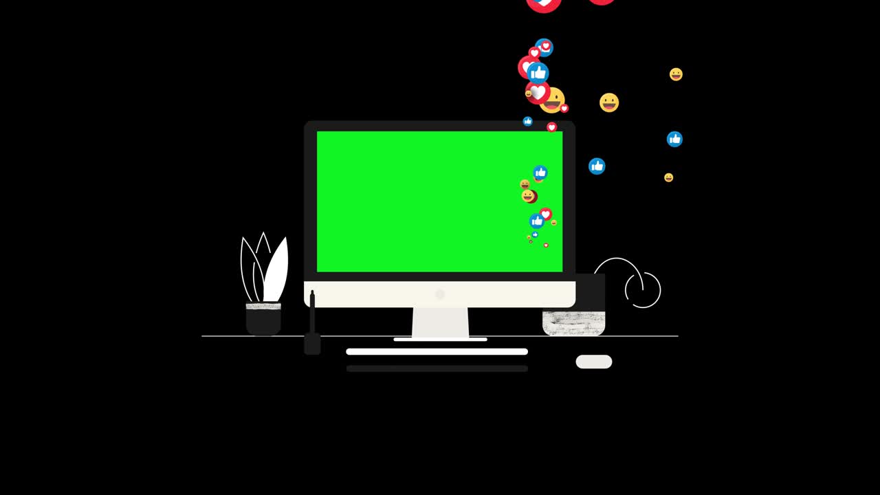 Computer animated green screen monitor with social media icon