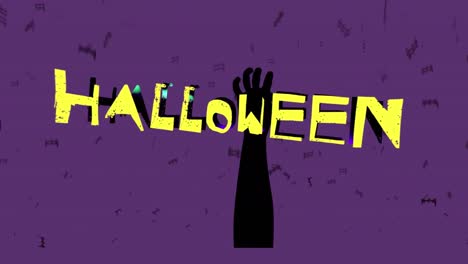 Animation-of-halloween-text-in-yellow-over-black-zombie-hand-and-bats-on-purple-background