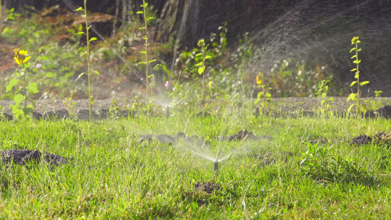 Close Up of Automatic Sprinkler System in Operation