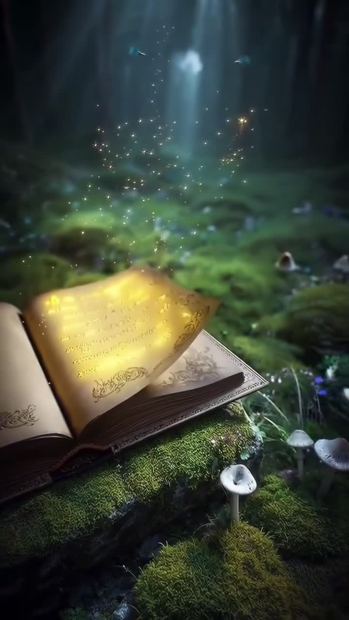 Magisches Buch mit leuchtenden Seiten in einem verzauberten Wald